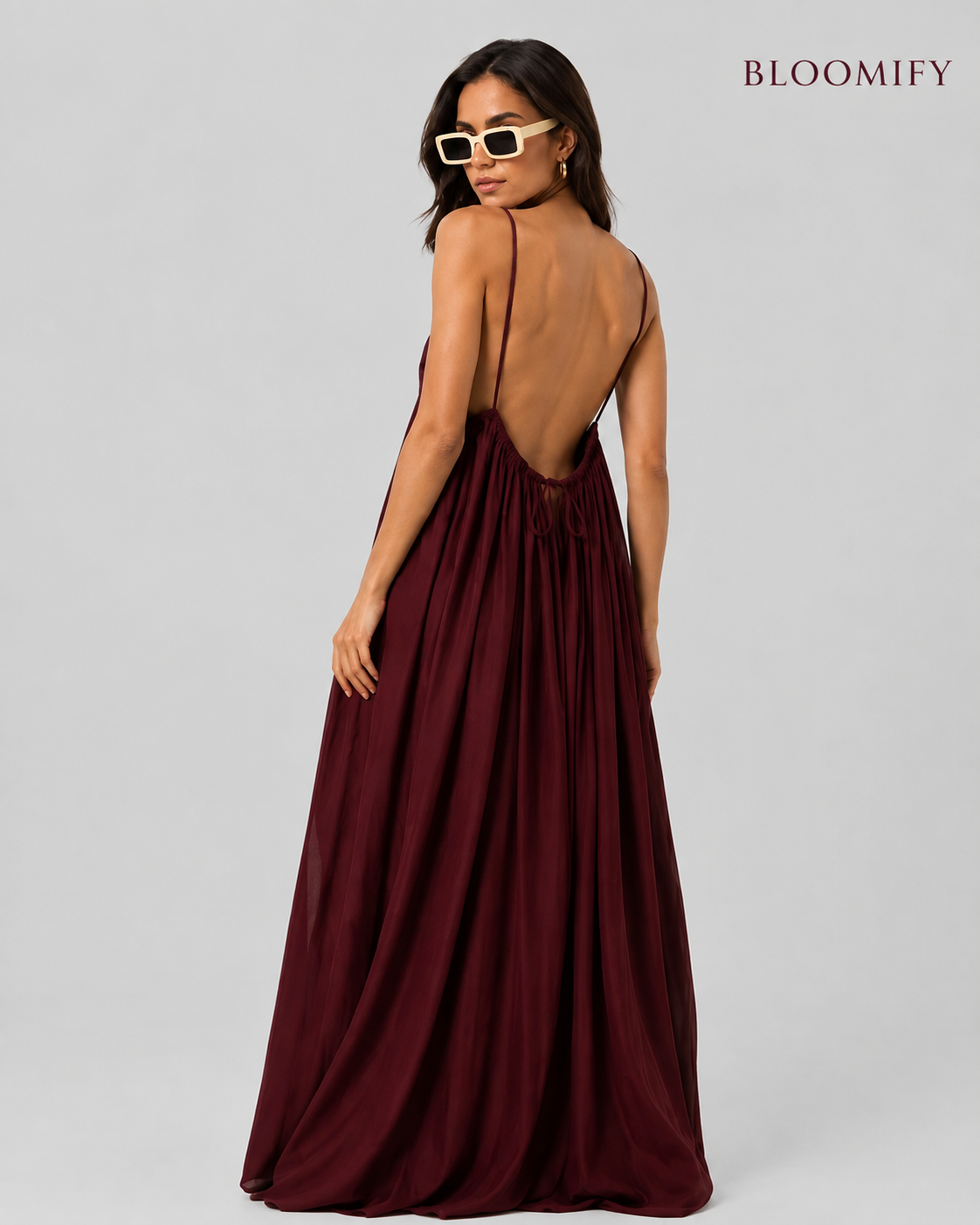 Backless Cami Gathered Maxi Dress with Back Flow