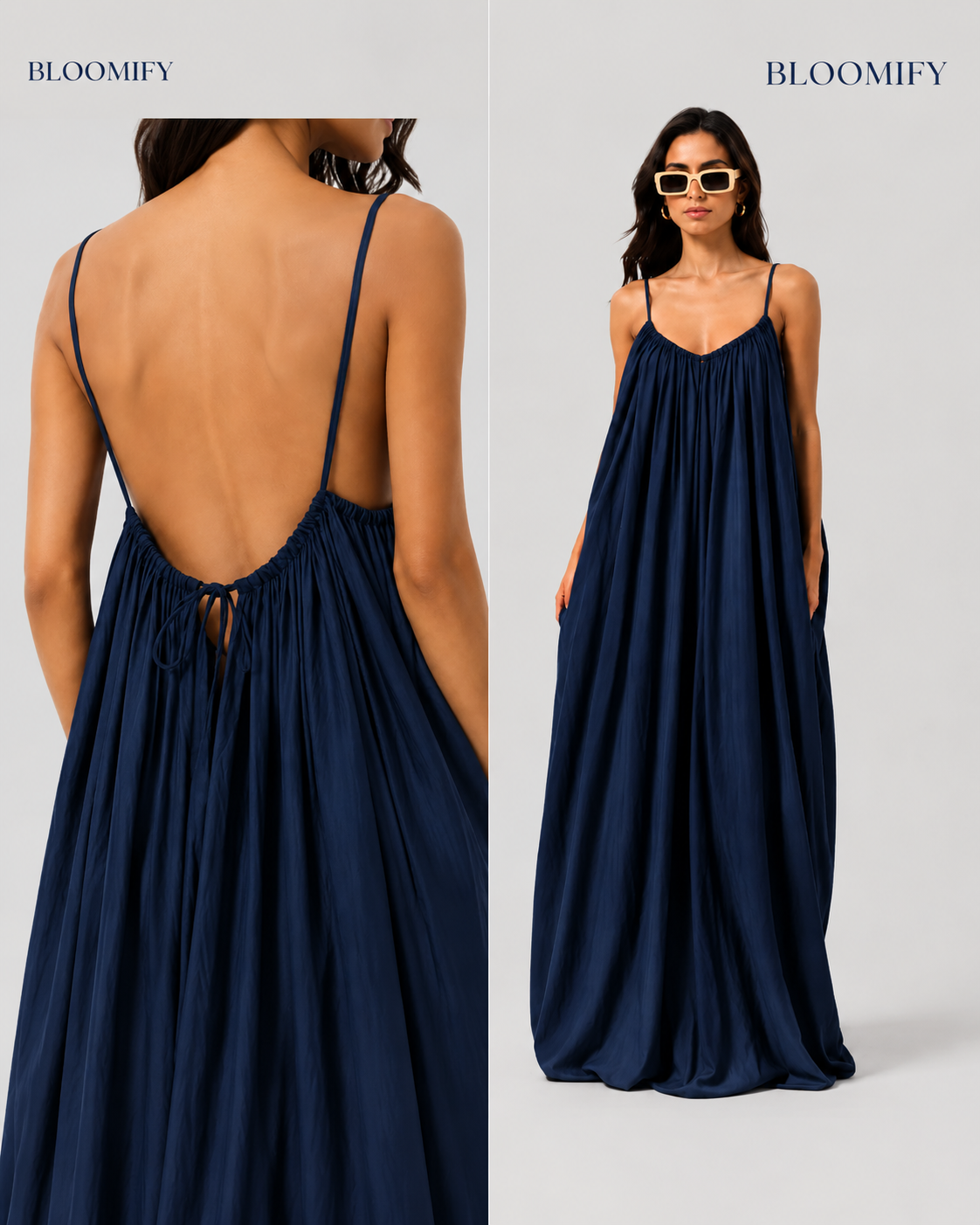 Backless Cami Gathered Maxi Dress with Back Flow