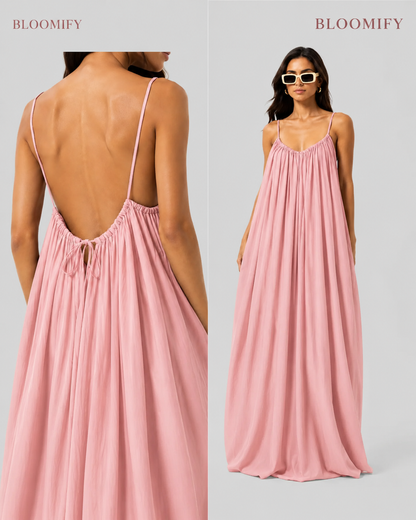 Backless Cami Gathered Maxi Dress with Back Flow