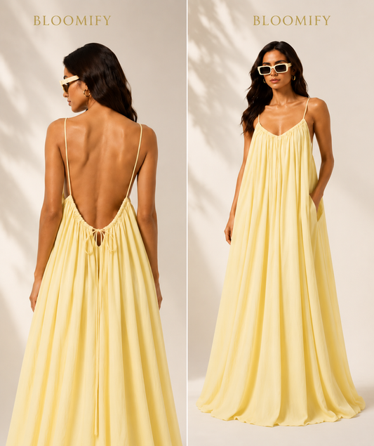 Backless Cami Gathered Maxi Dress with Back Flow
