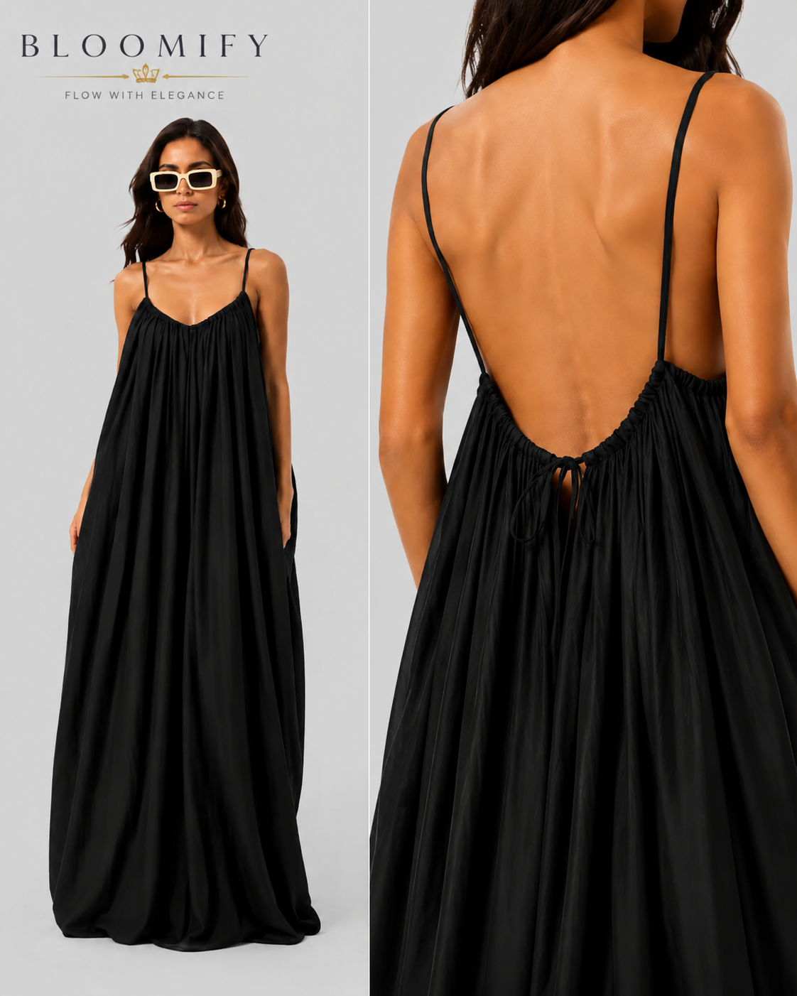 Backless Cami Gathered Maxi Dress with Back Flow