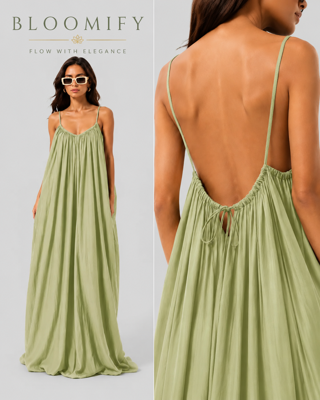 Backless Cami Gathered Maxi Dress with Back Flow