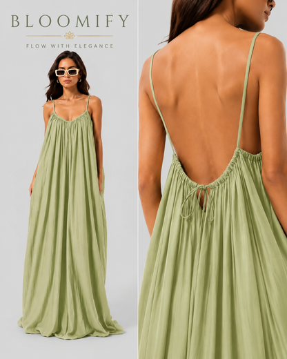 Backless Cami Gathered Maxi Dress with Back Flow