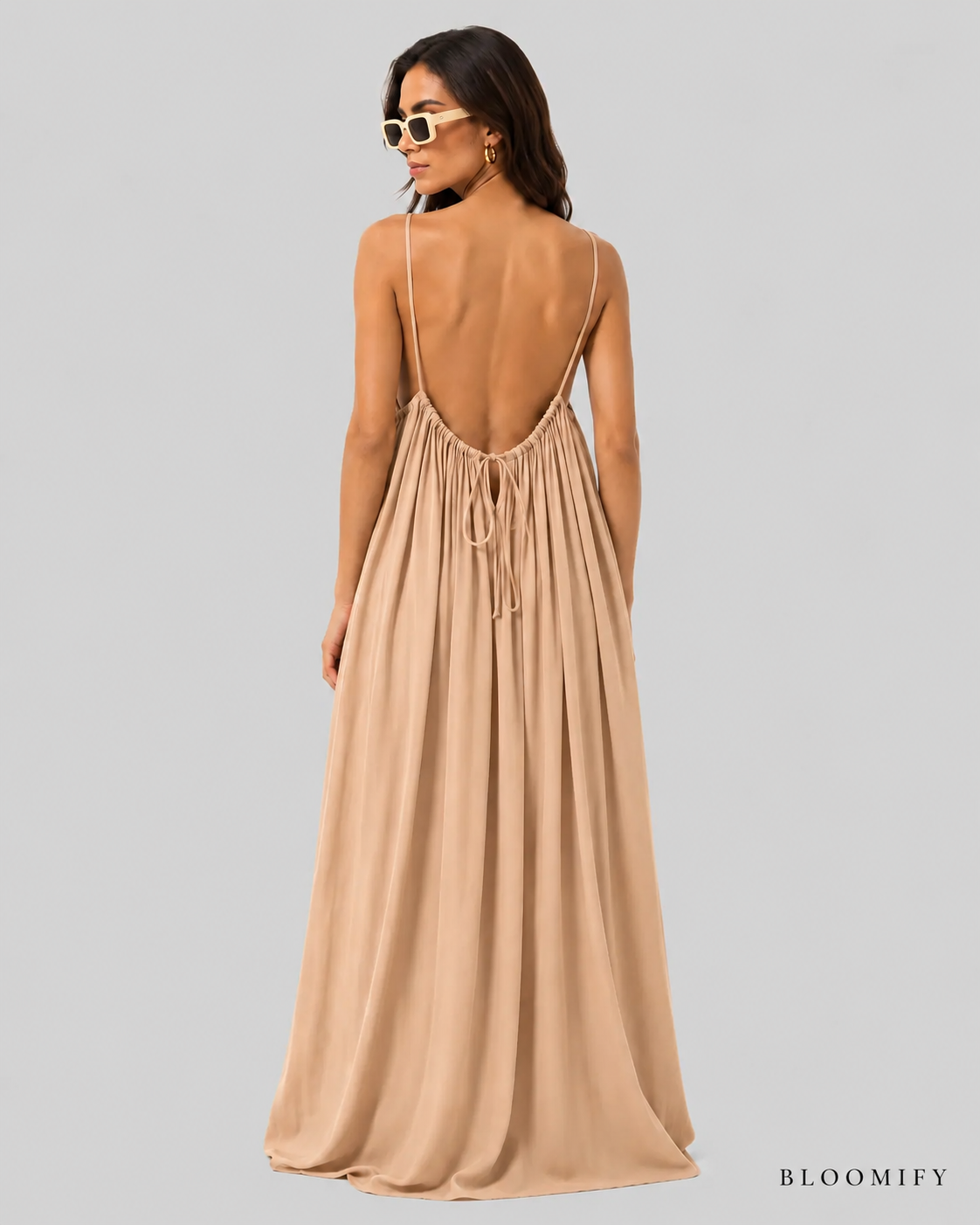 Backless Cami Gathered Maxi Dress with Back Flow