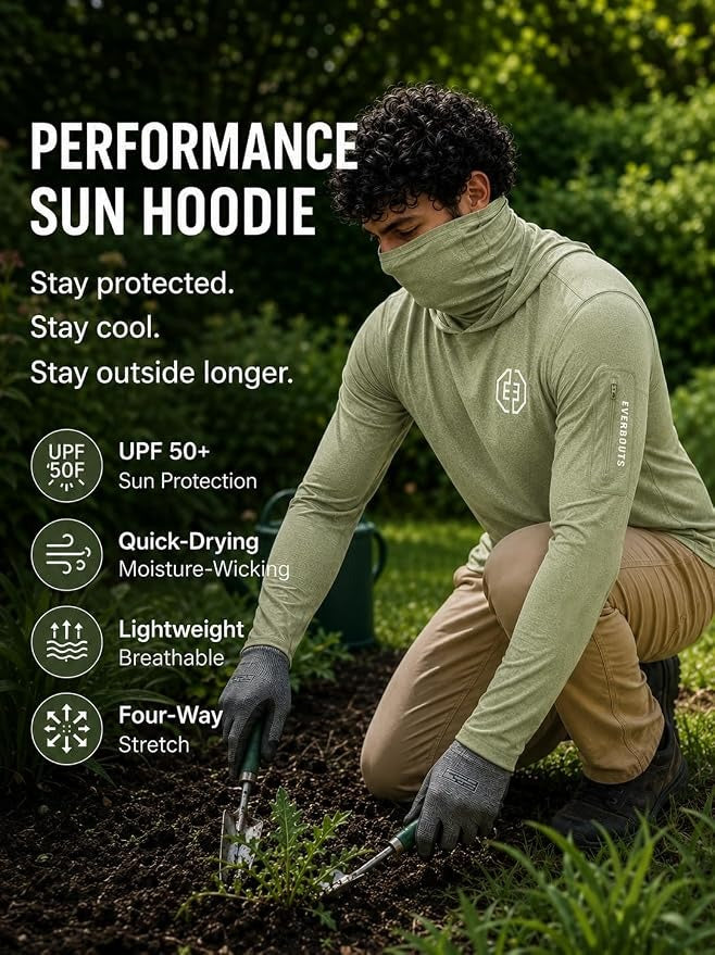 EVER BOOTS UPF +50 Long Sleeve Mens Sun Hoodie Shirt,Fishing Workout Shirt